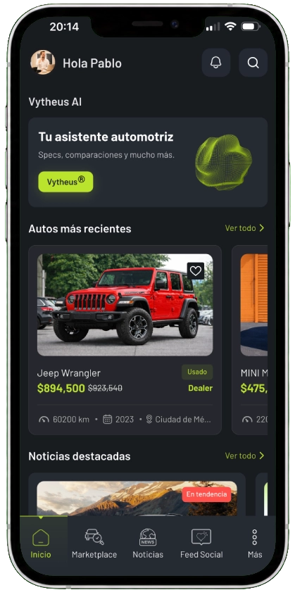 Pantalla de inicio de CarVyt con acceso al ecosistema digital automotriz