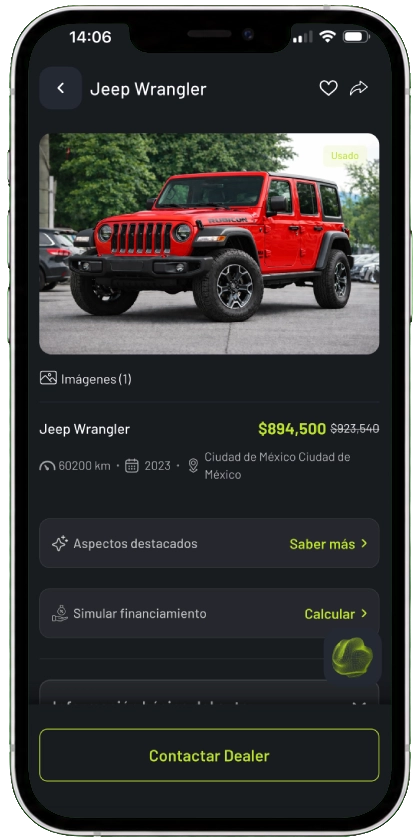 Detalle de publicación de auto en CarVyt con características y datos del vendedor
