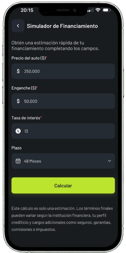 Simulador de financiamiento CarVyt para calcular una mensualidad estimada de auto