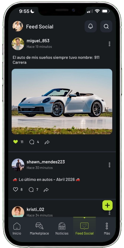 Feed social de CarVyt con publicaciones de usuarios sobre autos y experiencias