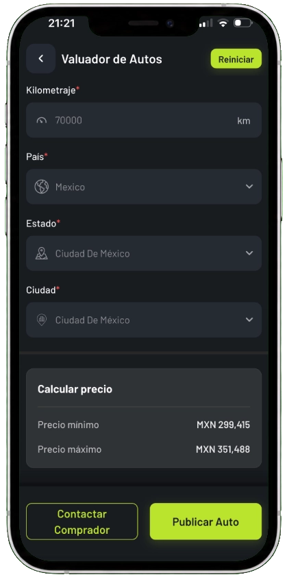 Formulario del valuador CarVyt para ingresar datos del auto y obtener una estimación