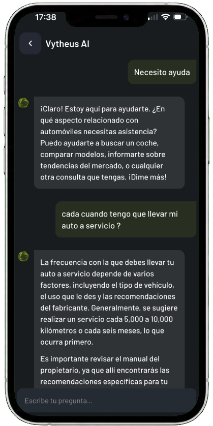 Chat de Vytheus AI en CarVyt respondiendo dudas sobre autos y modelos disponibles