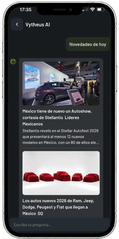 Recomendaciones de Vytheus AI para ayudar a elegir el próximo auto en CarVyt