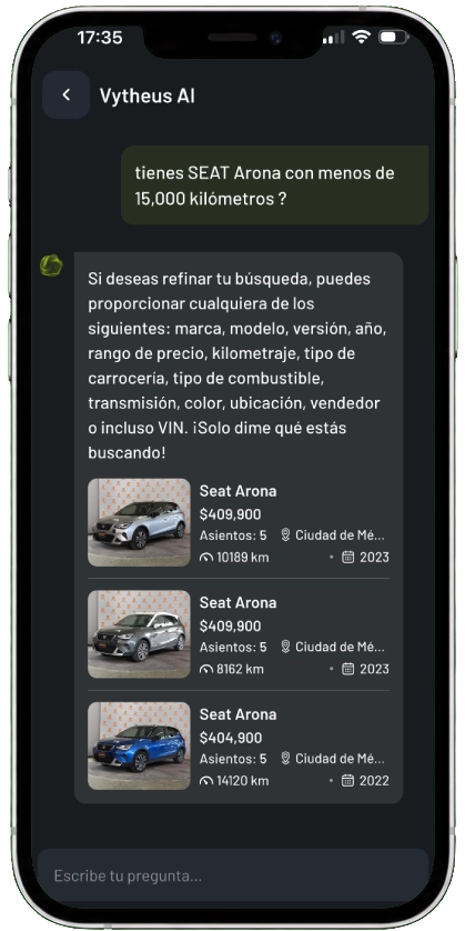 Comparación de autos en CarVyt con ayuda de Vytheus AI