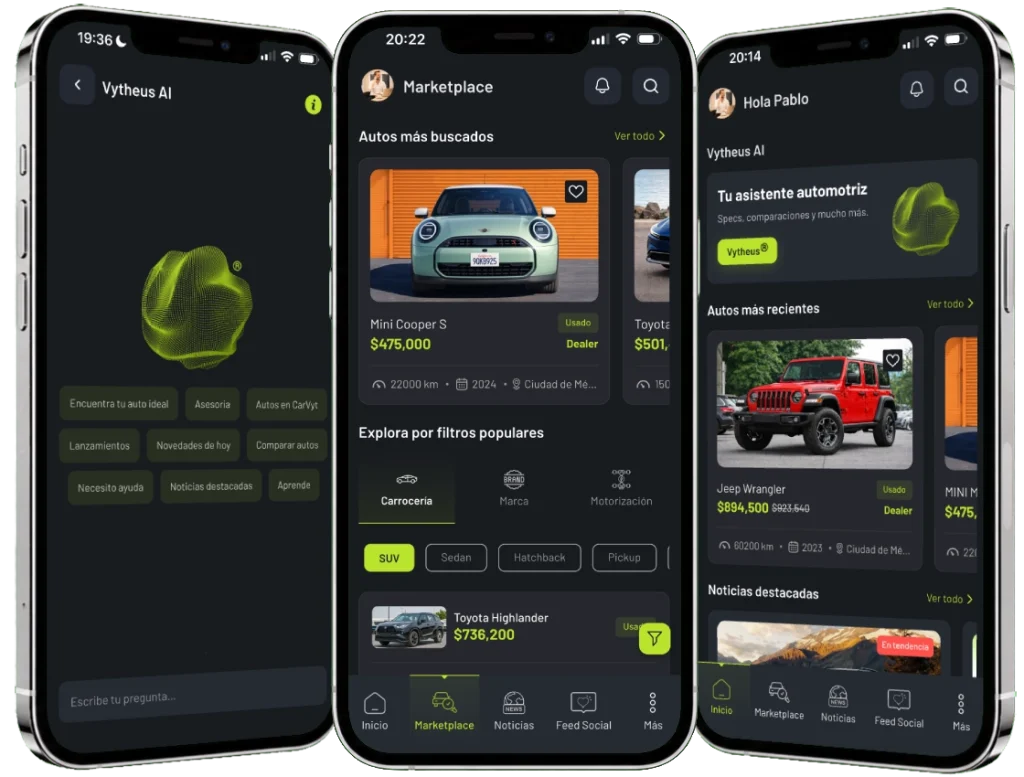 Pantallas principales de la app CarVyt con acceso a marketplace, comunidad, noticias y herramientas