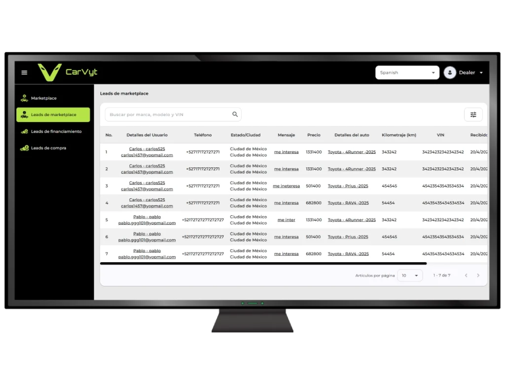 Mockup de pantalla con panel de CarVyt para dealers mostrando leads de marketplace con datos de contacto e interés de compradores