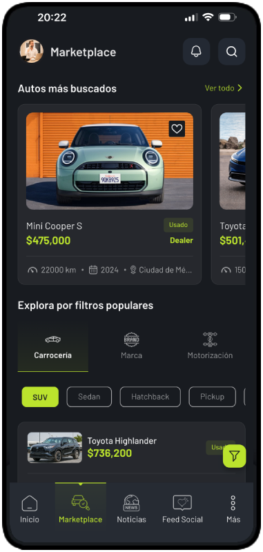 Pantalla de inicio de CarVyt con acceso al ecosistema digital automotriz