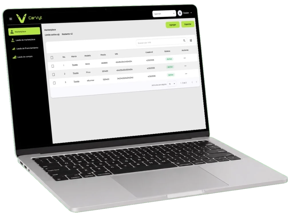 Mockup de laptop con panel de dealers de CarVyt para gestionar inventario de autos, activar publicaciones y exportar información