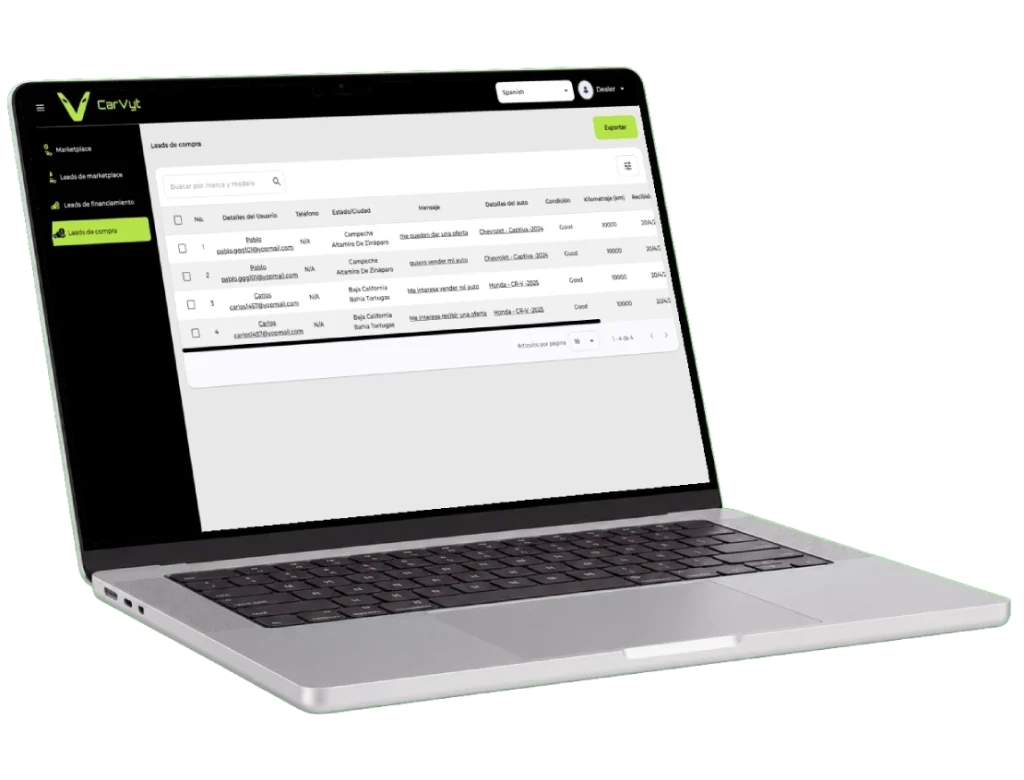 Mockup de laptop con panel de dealers de CarVyt para consultar leads de financiamiento de autos y dar seguimiento a clientes